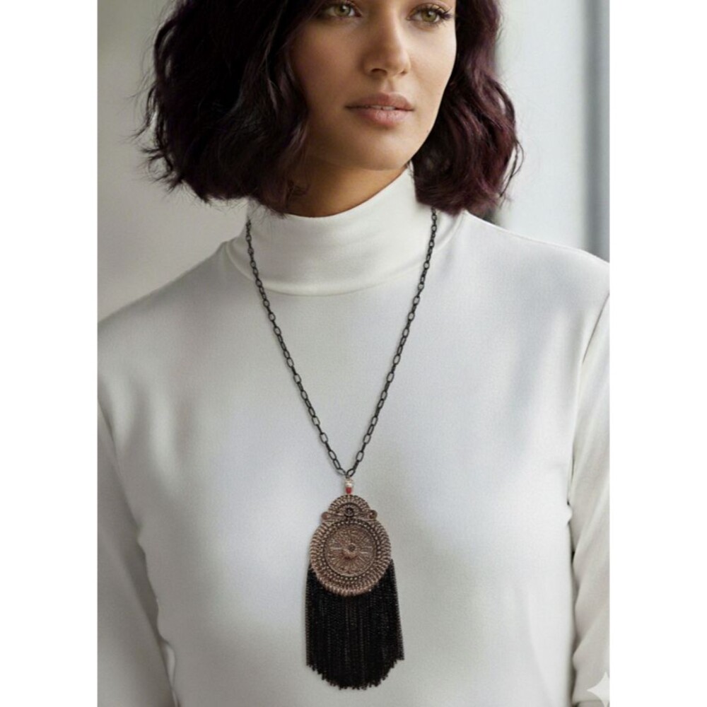 Handmade Black and Dark Silver Tassel Statement Fashion Medallion Necklace - Picture 7 of 8